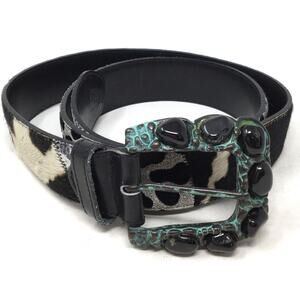 Nbel Women's Size Medium Aqua Metal Belt Buckle Black Stone Design Leather Belt